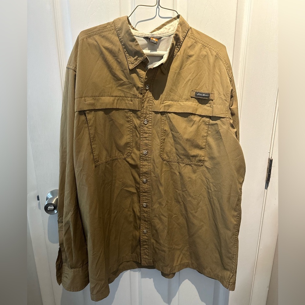 Eddie Bauer Sport Shop Men's Guide Fishing Shirt Brown Long Sleeve Vented 2XL